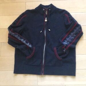 Navy & red snowflake winter zip-up cotton cardigan, L